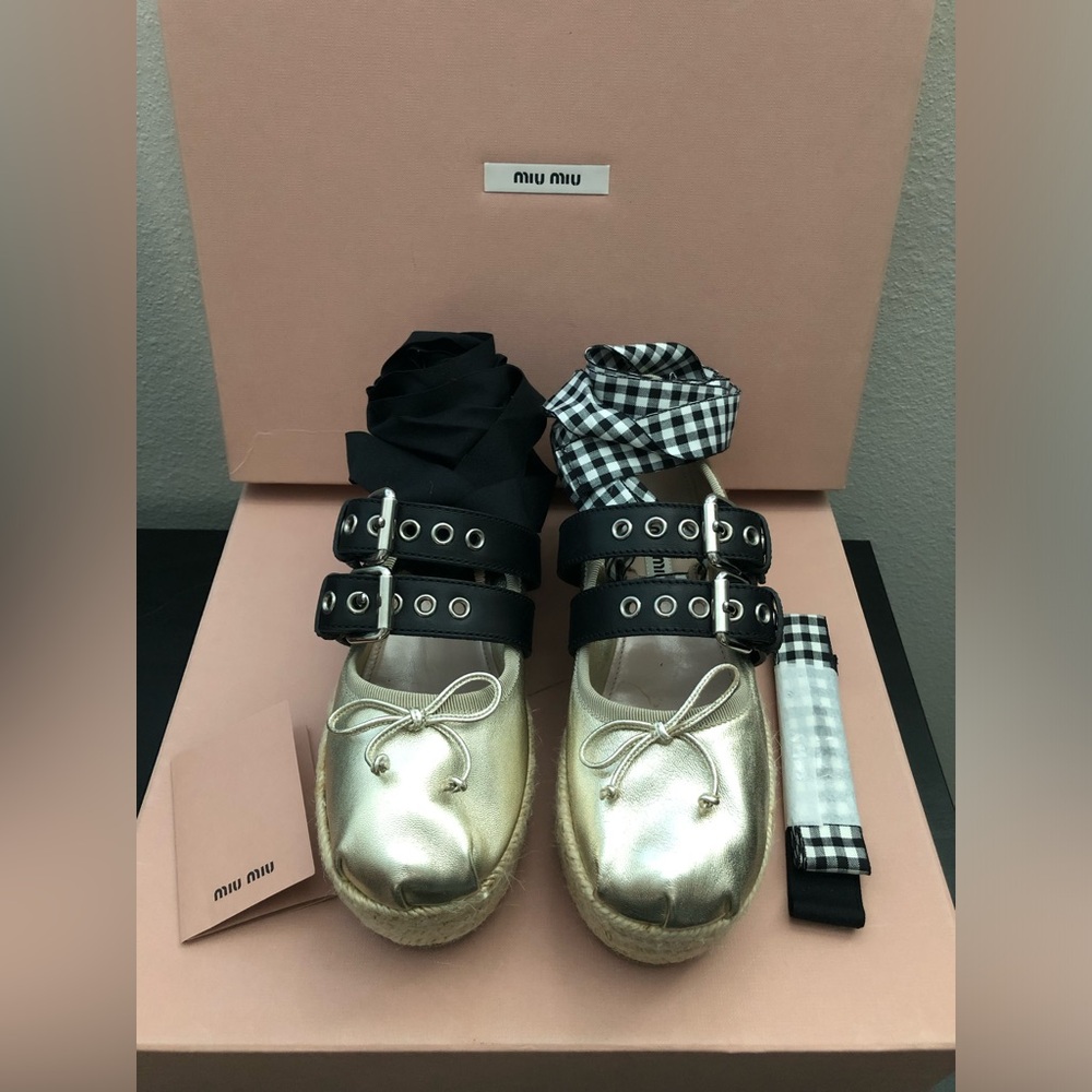 Miu Miu light gold leather platform ballet flats